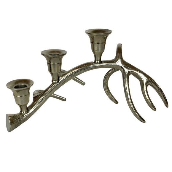 Antler Candleholder Silver Chrome Metal 3-Taper Farmhouse Glam Centerpiece - Picture 3 of 5